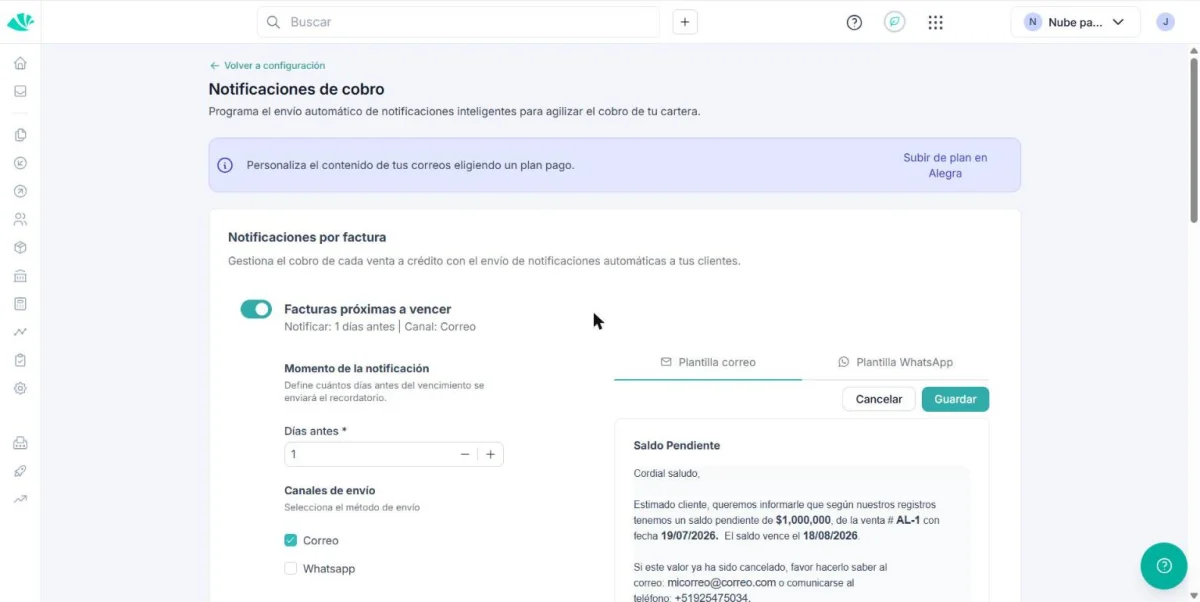 Panel de recordatorios autom&aacute;ticos de pago